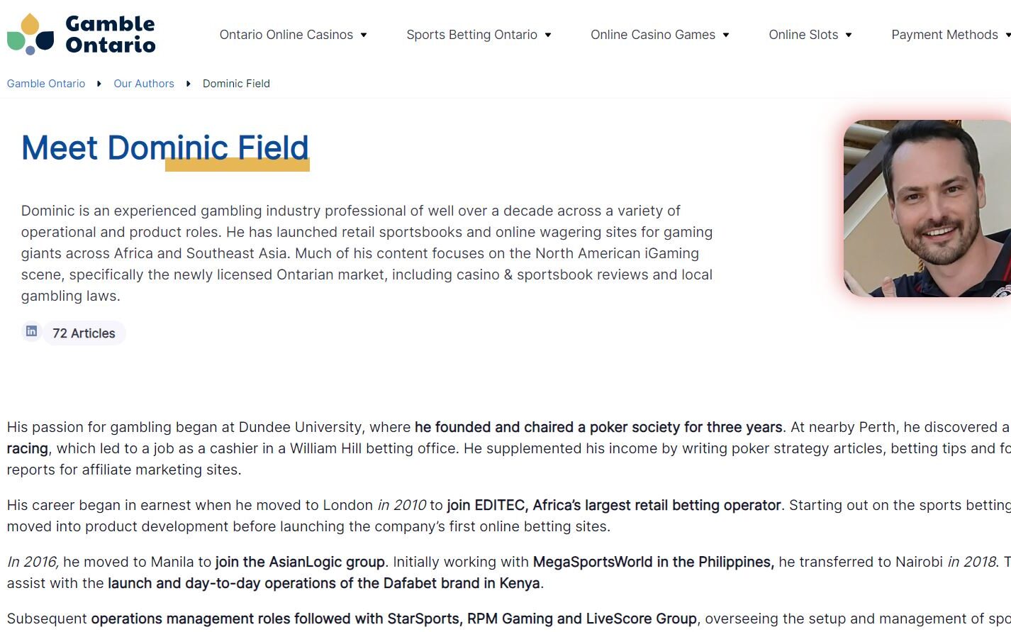 Gamble Ontario author bio - Dominic Field iGaming writer