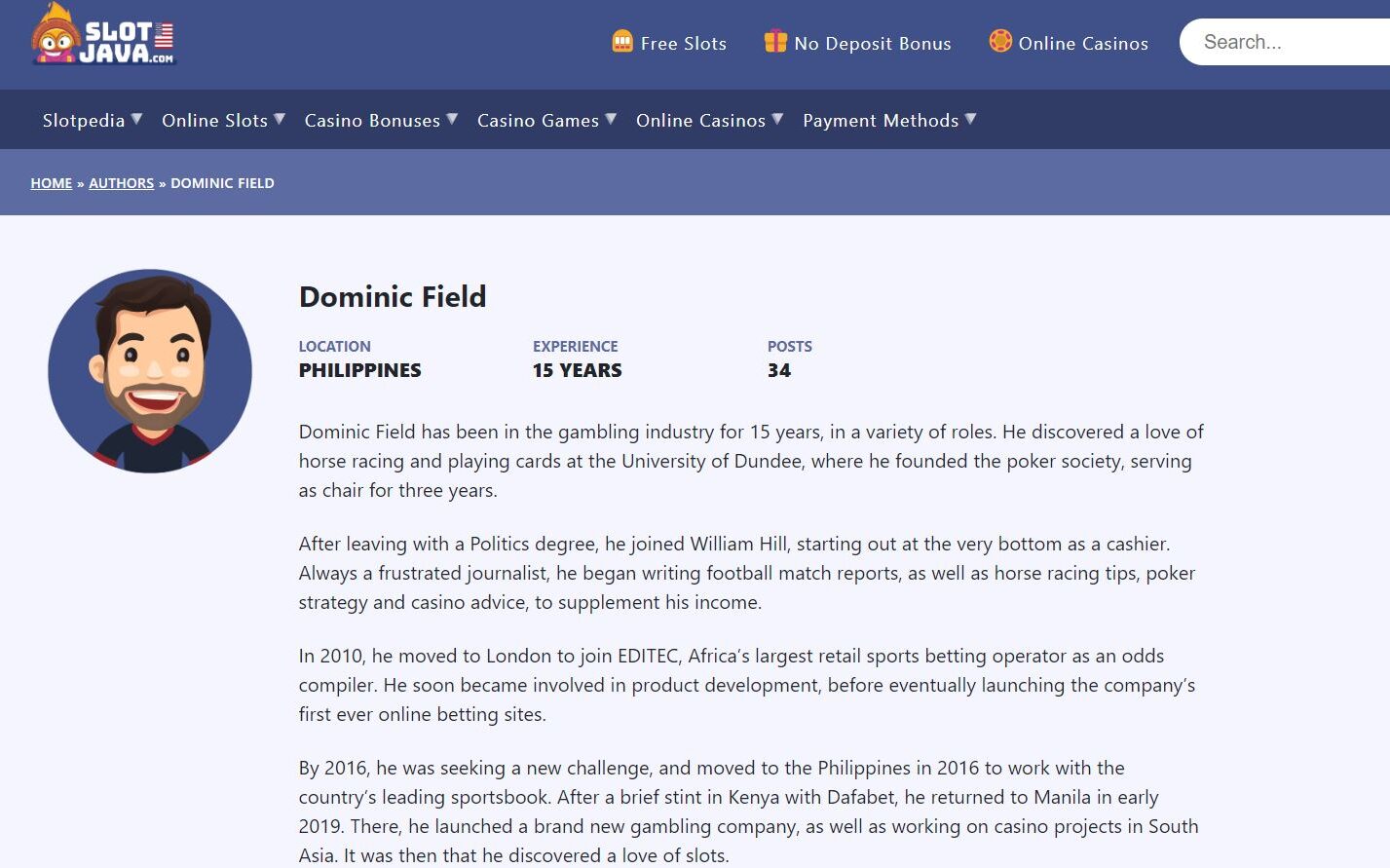 SlotJave.com author bio - Dominic Field iGaming writer