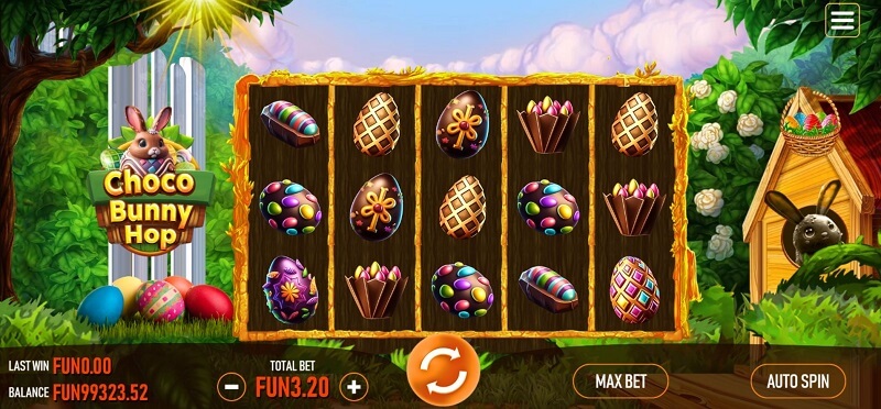 The 5x3 grid of reels as seen during the Choco Bunny Hop base game