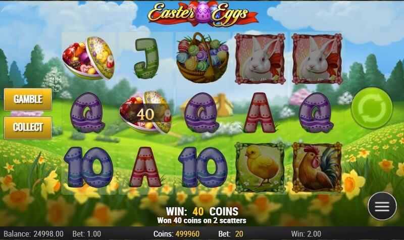 A 40 coin win is earned while playing the Easter Eggs slot base game