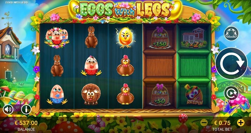 The 5x3 reels grid during the Eggs With Legs slot base game