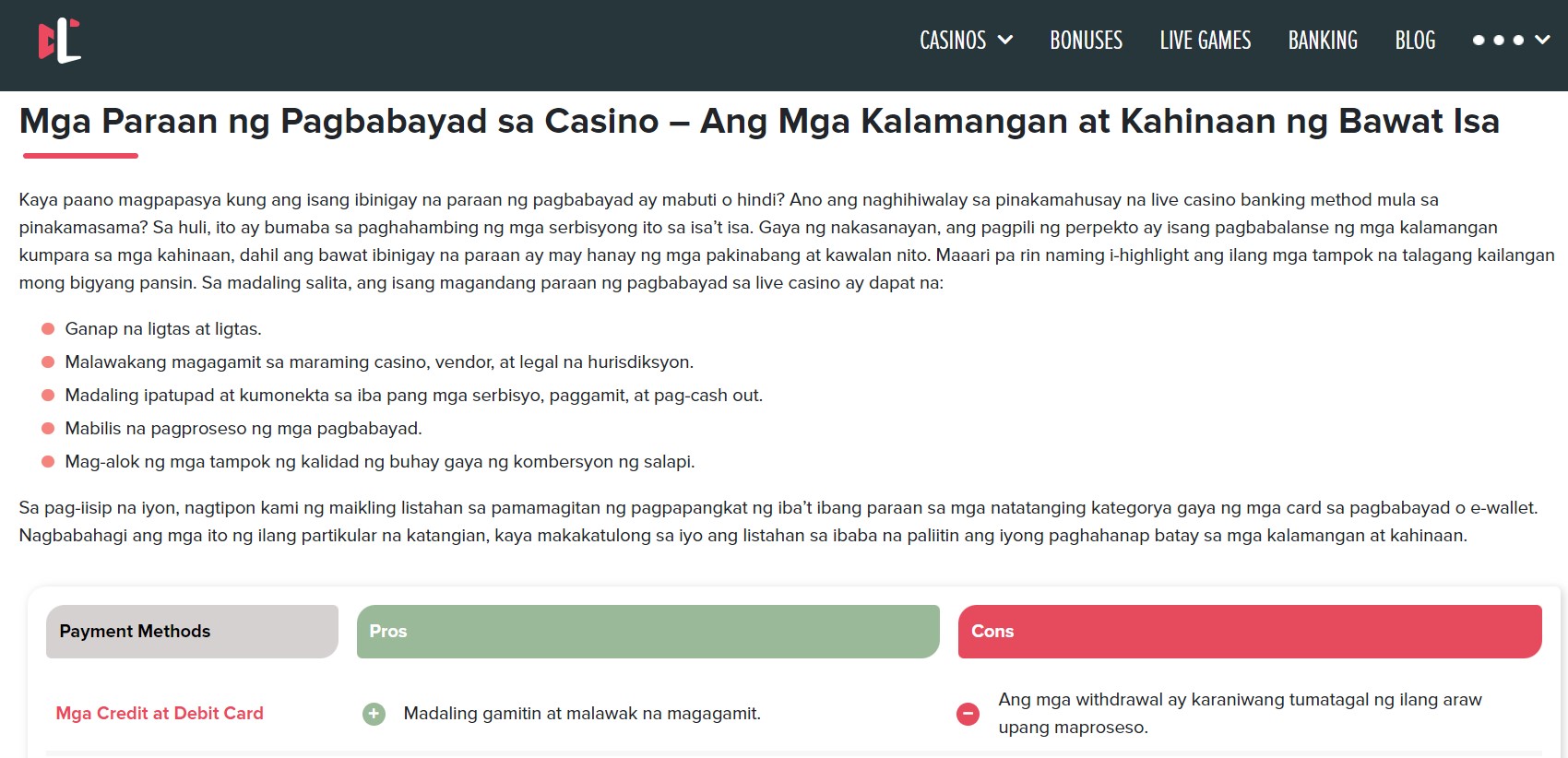 Dominic Field iGaming Writer - LiveCasinos.com English to Tagalog (Filipino) translation - Payments