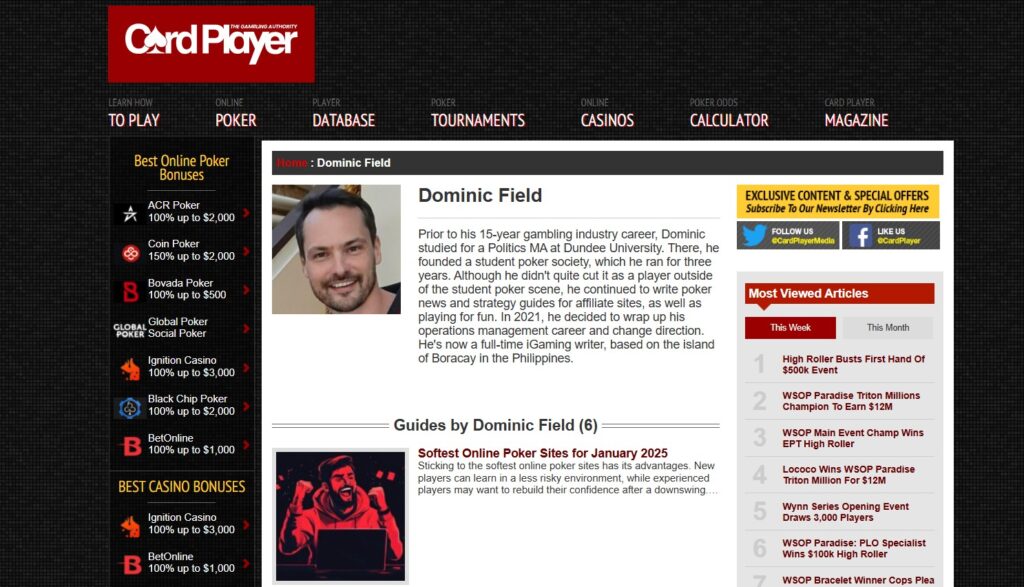 CardPlayer.com author bio - Dominic Field iGaming writer