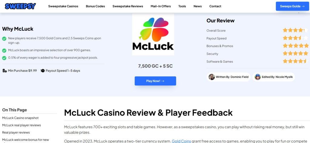 McLuck Casino Reivew - Dominic Field iGaming writer